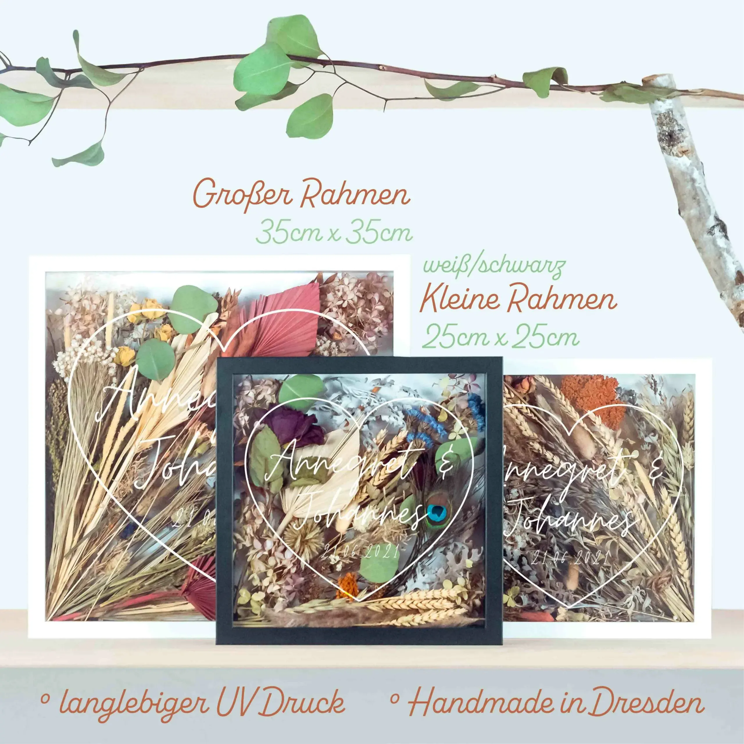Brautstraußrahmen | Herz | Personalisiert | Hochzeit | Blumen | Dried Flower | Erinnerung | Deko | Wanddeko – Bild 4