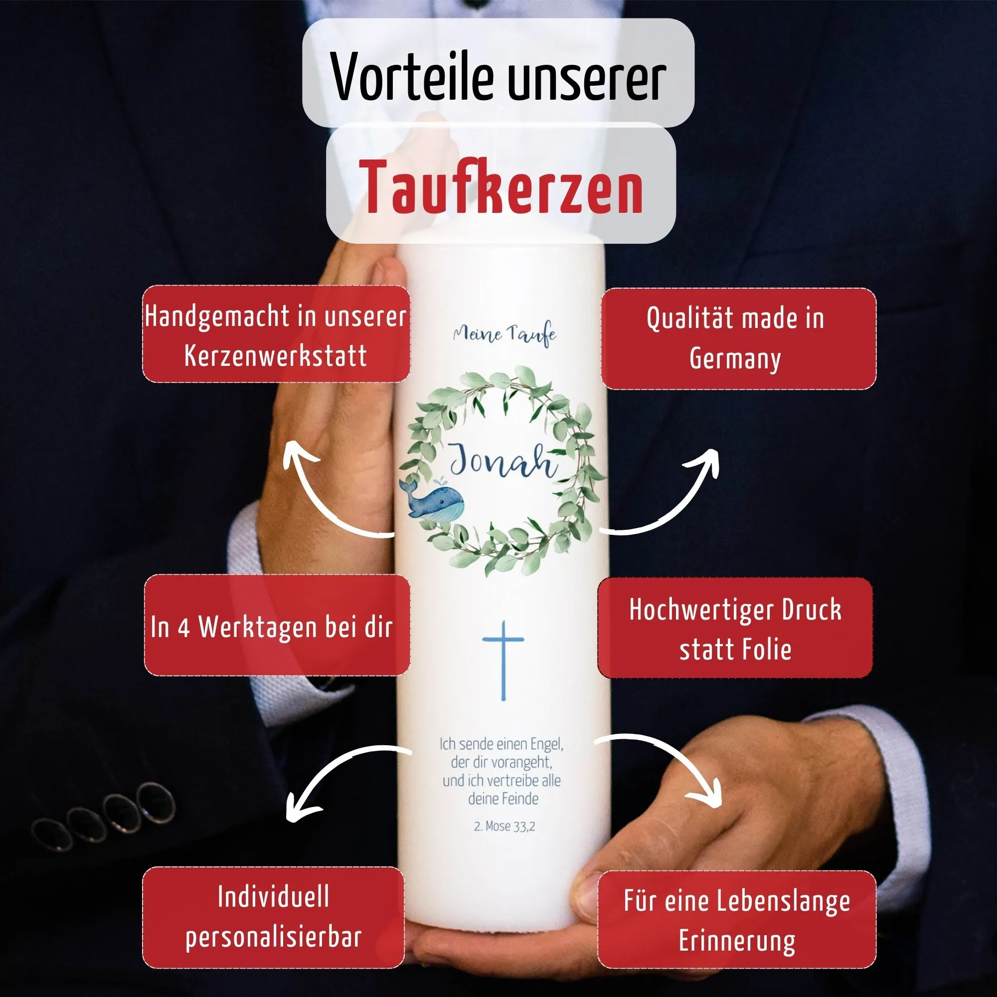 Taufkerze Eukalyptus Wal | 15 – 30 cm Höhe | Personalisierte Kerze | Evangelisch | Katholisch | Kerze für Täufling – Bild 10