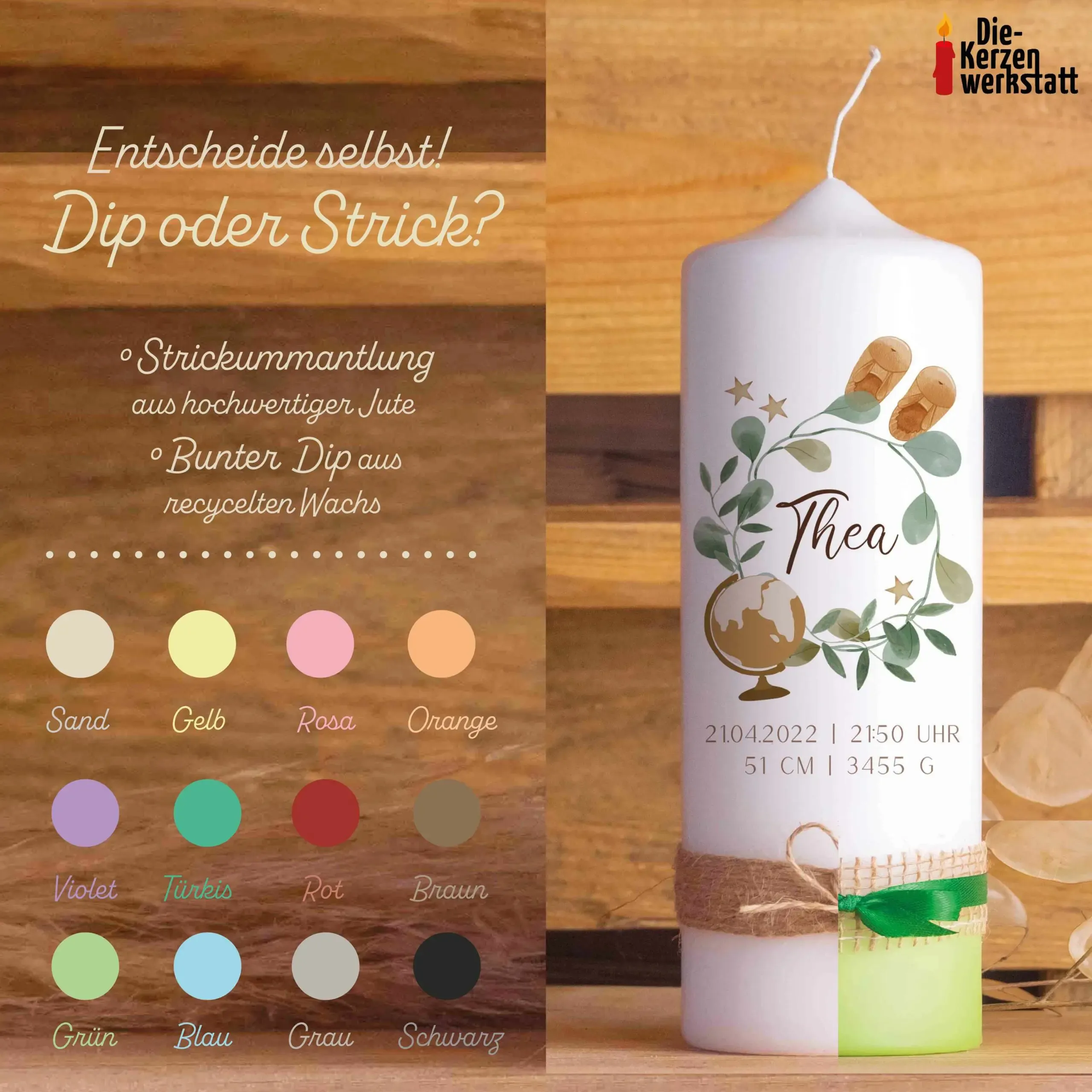 Geburtskerze | Globus | 15 – 30 cm Höhe | Personalisiert – Bild 6