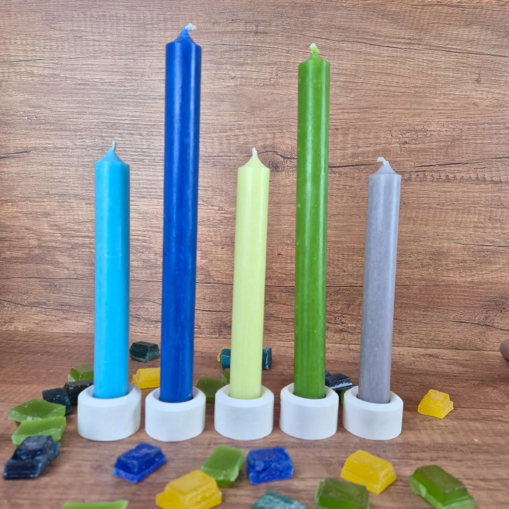 Ozean Stabkerzen Set – 5 Stabkerzen (2x 250 mm & 3x 180 mm) in Blau, Grün & Grau für stilvolle Deko – Bild 2