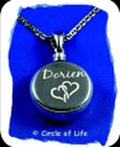 Rundes Asche-Amulett mit Doppelherz und Namen graviert „My Fun“, 925 Silber