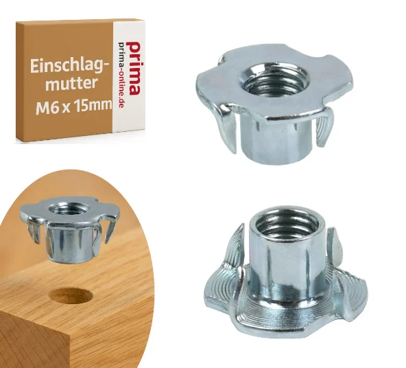 Einschlagmuttern M6 x 15mm Einschlagmutter Verzinkter mit 4 Einschlagspitzen