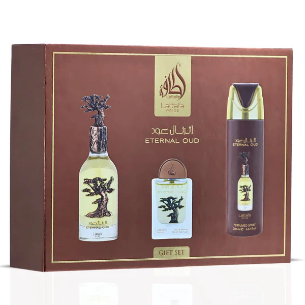Lattafa Pride Eternal Oud 3-teiliges Eau de Parfum-Geschenkset + Mini Eau de Parfum Spray 20 ml + Perfumed Spray 200 ml Gift Set – Bild 3