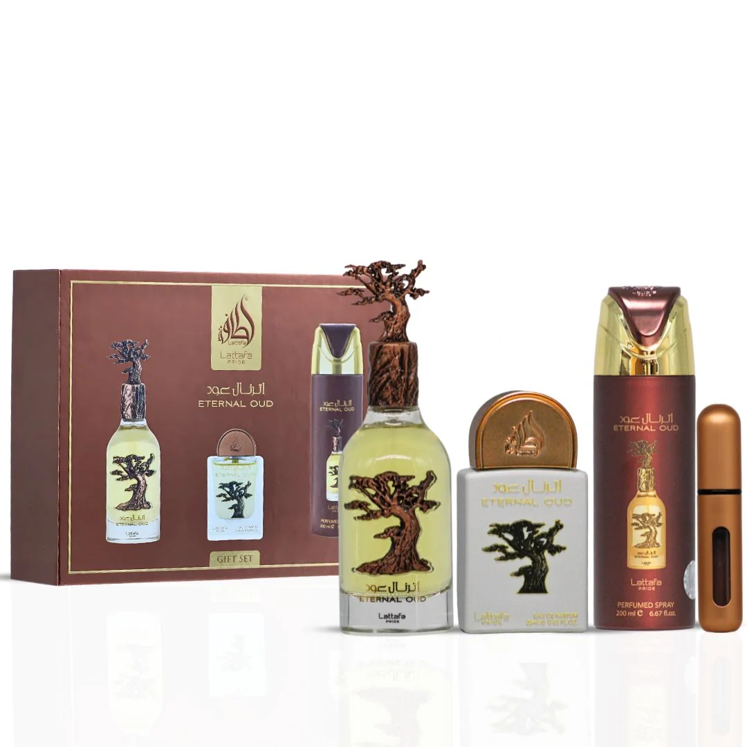 Lattafa Pride Eternal Oud 3-teiliges Eau de Parfum-Geschenkset + Mini Eau de Parfum Spray 20 ml + Perfumed Spray 200 ml Gift Set